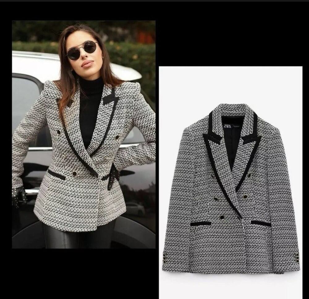 Zara Houndstooth Tweed Double Breasted Blazer Tailored Jacket Size L Old Money